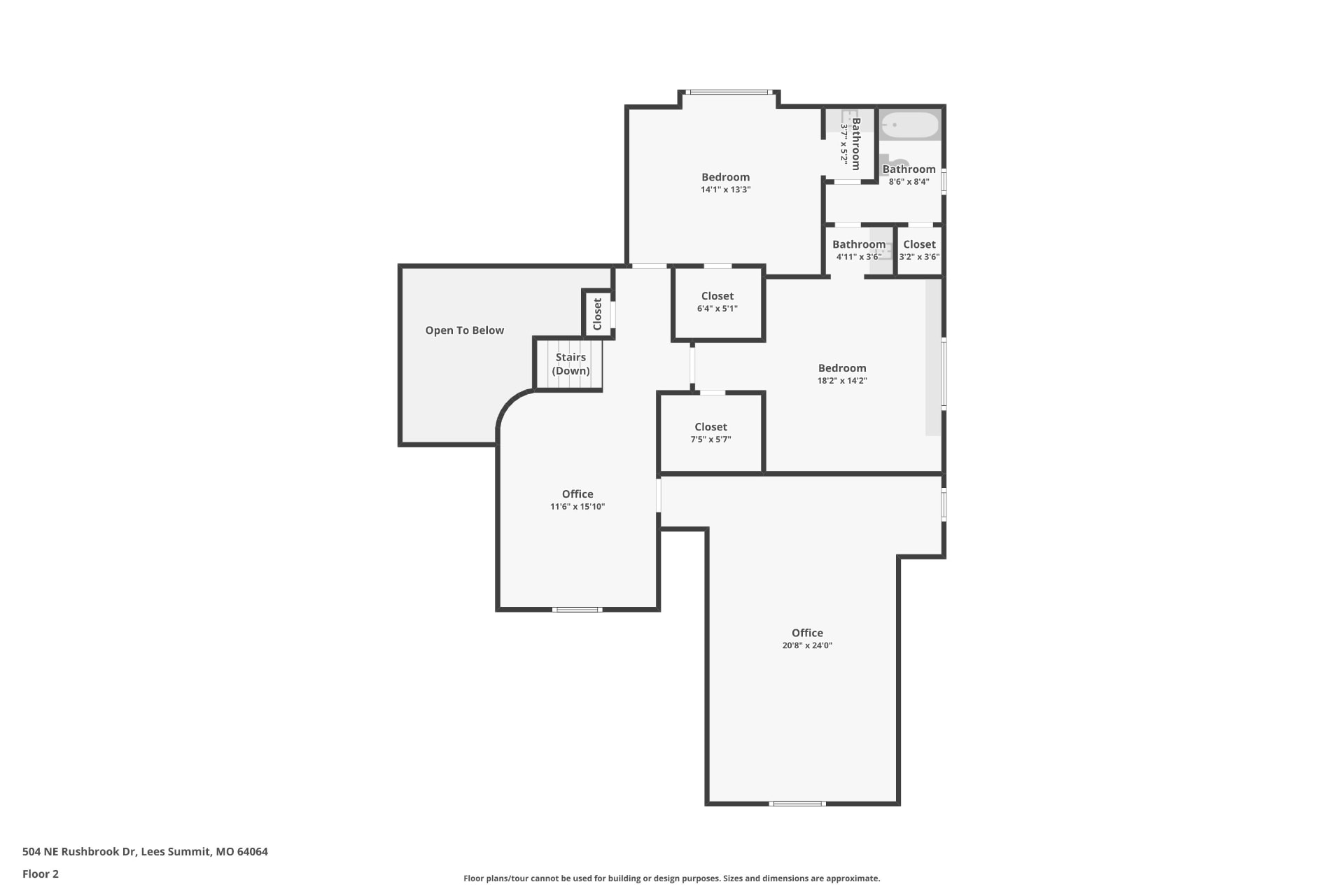 Second level floor plan of 504 NE Rushbrook Drive with two bedrooms, two offices, and open-to-below overlook