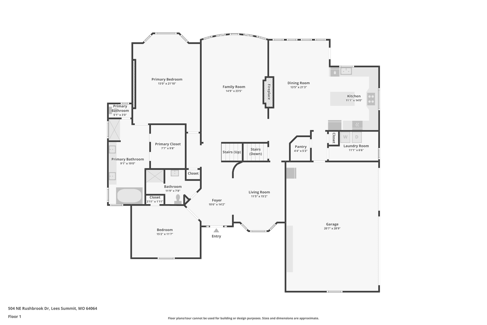 Main level floor plan of 504 NE Rushbrook Drive with primary suite, family room, dining room, kitchen, and three-car garage